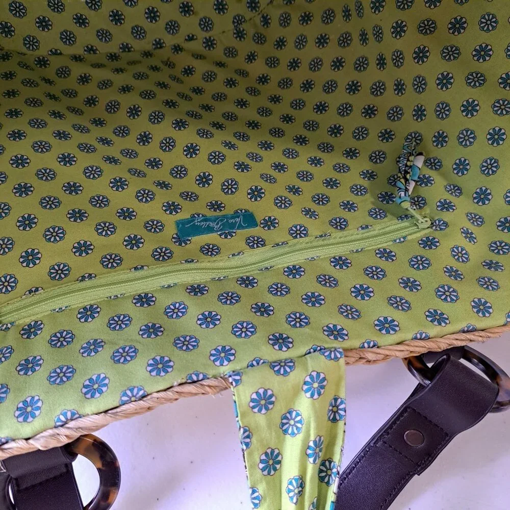 VERA BRADLEY Peacock Straw Tote Beach Pool Turquoise Green Seashells 2 Handles - Picture 2 of 15